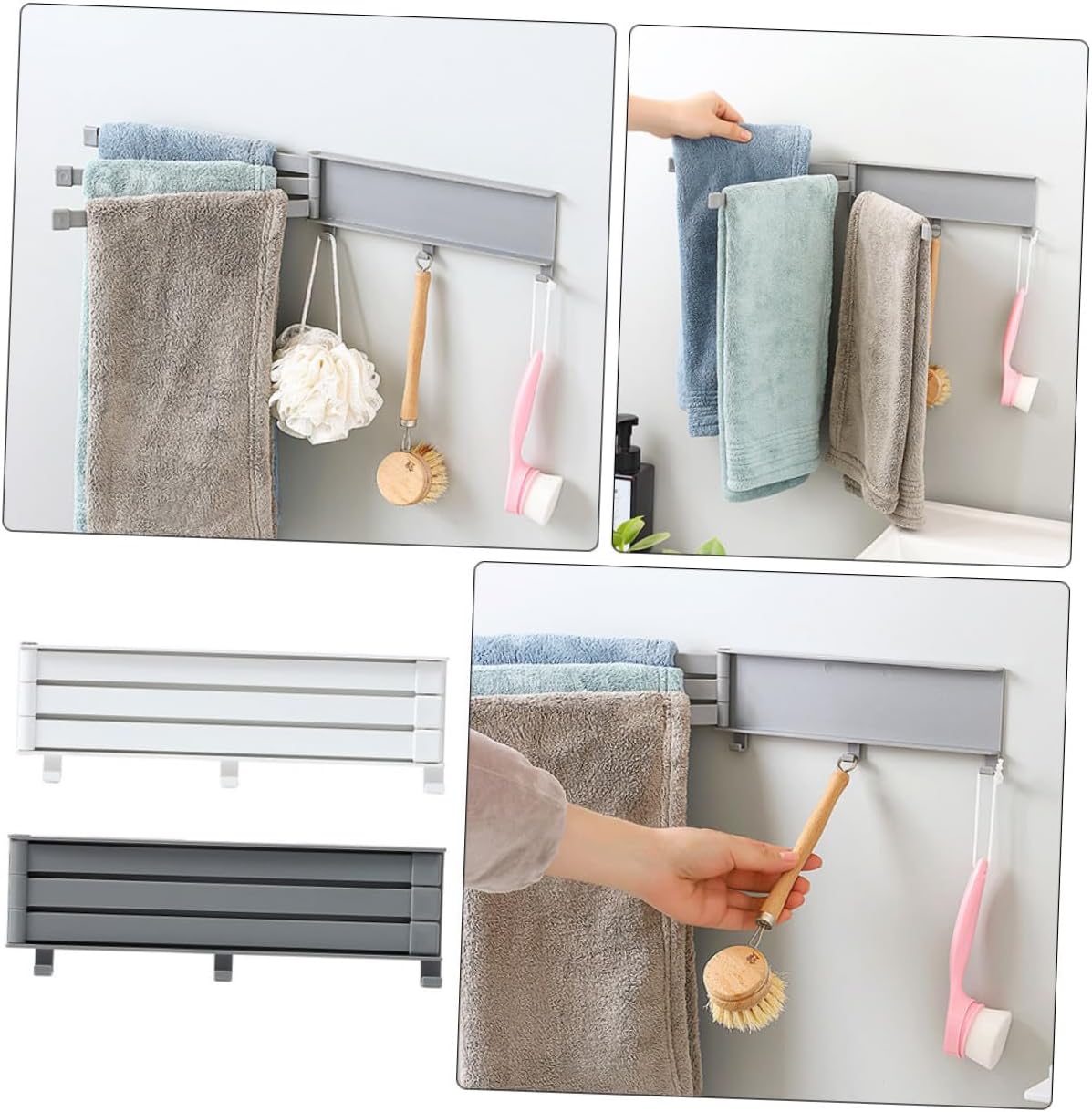 2pcs Punch-Free Foldable Towel Bar Set Wall-Mounted Bathroom Towel Hanging Rods Rotatable Storage Rack White and Gray image 5