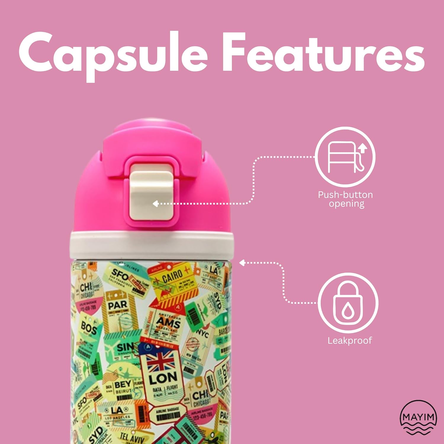 Mayim Capsule – 24oz Vacuum Insulated Water Bottle with Locking Lid & Carry Handle | Stainless Steel Travel Tumbler for Iced Coffee & Water | BPA-Free, Leakproof (Hot Pink – Global Destinations) - Image 2