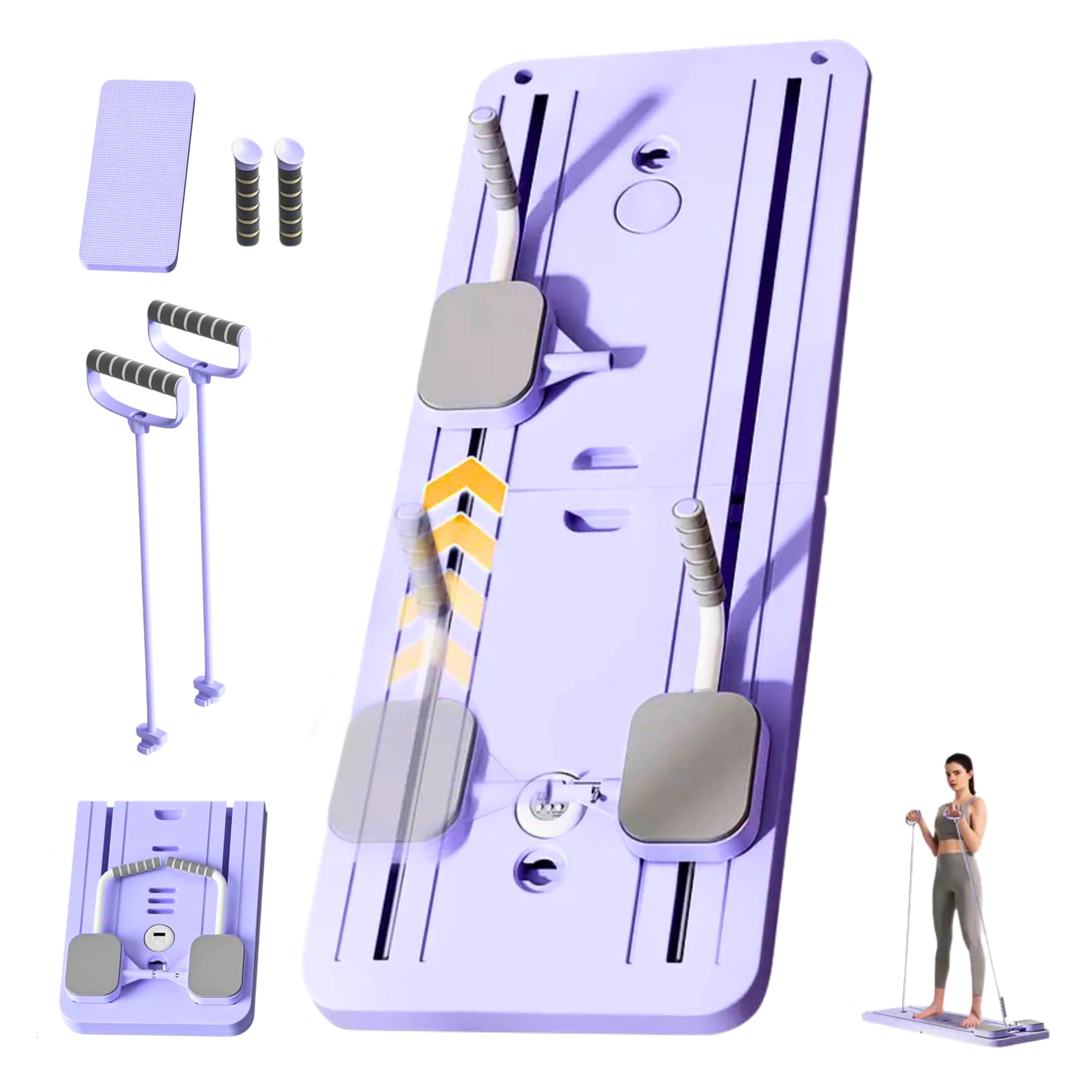 Pilates Reformer Pieghevole.Tavolo Reformer Multifunzionale Addominali con Base Scorrevole, Fasce di Resistenza e Timer, Kit per Aallenamento a Casa con Impugnature Antiscivolo.
