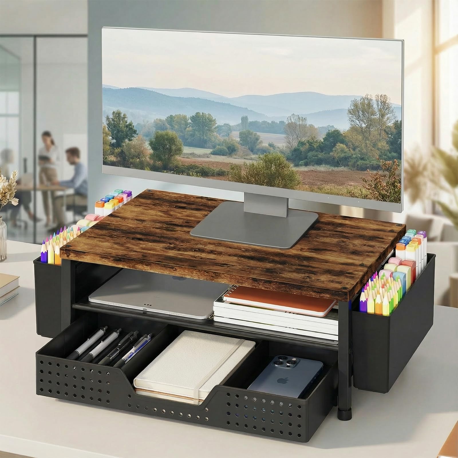 LEKETREE Organizer da scrivania in legno, a 2 ripiani, con cassetto portaoggetti e 2 portapenne, supporto per laptop e stampante, ripiano per la parte superiore della scrivania (marrone rustico)