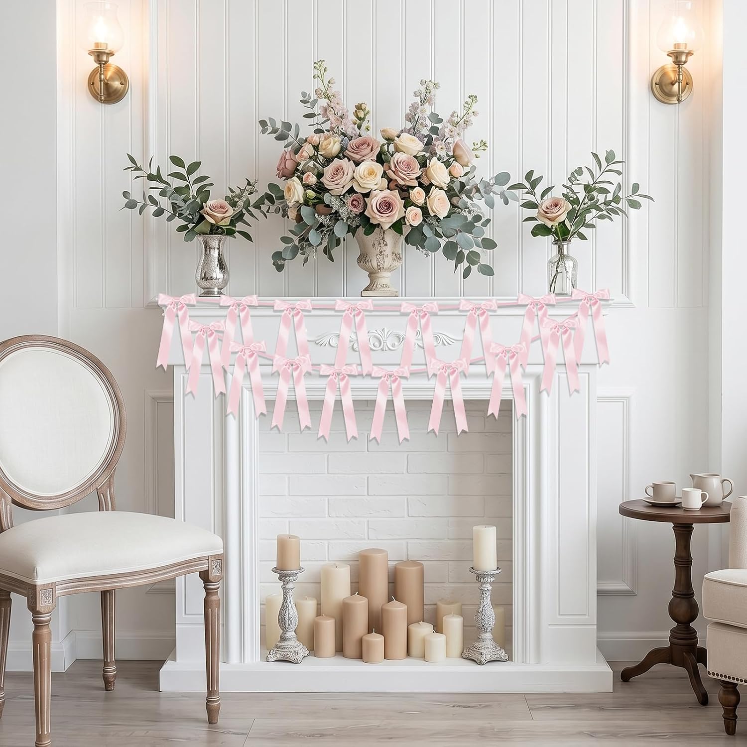 2 Strings of 16Pcs Pre-Strung Satin Ribbon Bow Garland with 9.8FT Chain - Bridal Shower Wedding Bachelorette Party Decor, Coquette Room Banner for Birthday Celebration (Pink)
