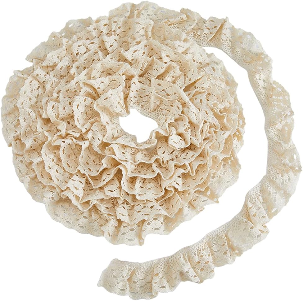 5 Yards Beige Ruffle Lace Trim Cotton Wheat Lace Ribbon Hollow Vintage Sewing Pleated Trim Ribbons for Clothes Apparel Home Decor Wedding Dress Fabric Crafts