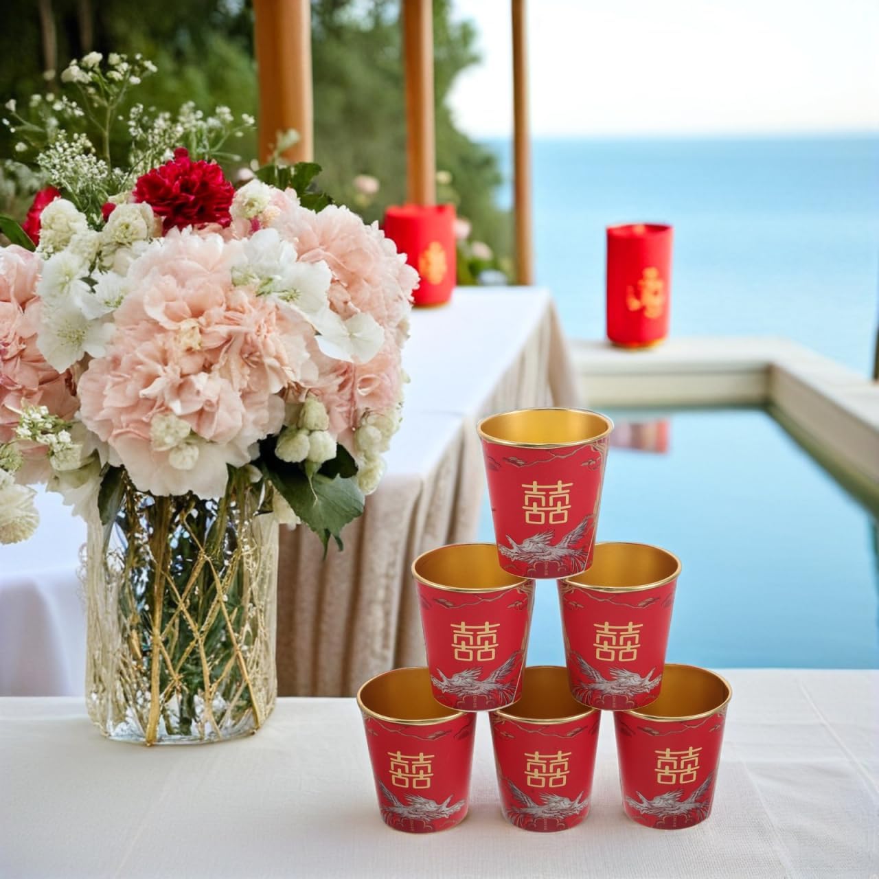 50Pcs Red Foil Disposable Wedding Tea Cups Thickened Paper Cups for Hot Drinks Engagement Party Banquet - Image 2
