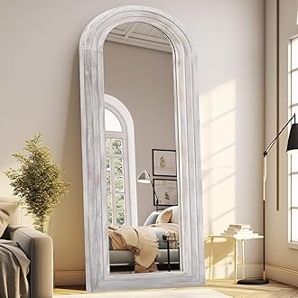 - ZHUNFA Arched Full Length Mirror with Solid Wood Frame, 65x22 Farmhouse Wall Mirror Full Length with Stand, Vertical Hanging, Leaning Standing for Bedroom, Living Room, Rustic White