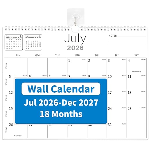 MZD8391 Calendar 2026-2027, Wall Calendar 2026-2027 From January 2026 To June 2027 18 Months, 14.7" x 11" Paper Calendars with Julian Date and Blank Block for New Year