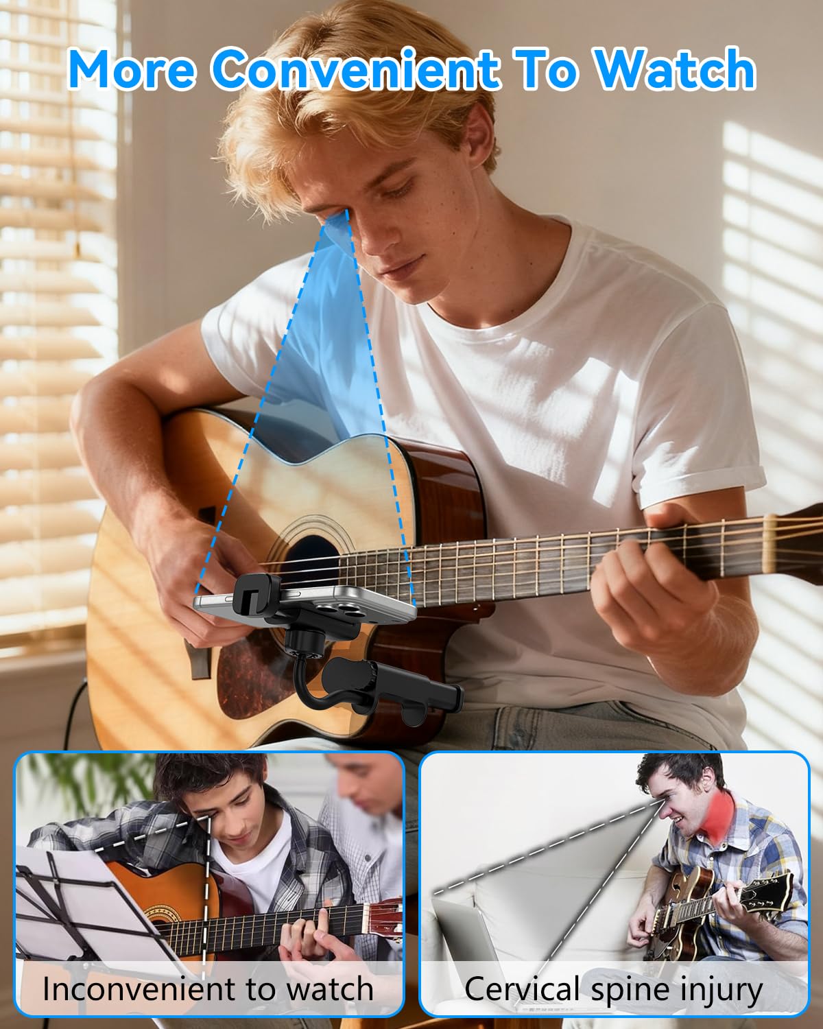 Support de Téléphone pour Guitare- Support Universel pour Smartphone pour Guitare, Basse, Ukulélé, Rotatif à 360° et Réglable, Idéal pour La Diffusion en Direct et l'enseignement en Ligne