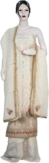 Generic Nabban Bhai Zariwala Women's Glass Tissue Heavy Embroidered Unstitched Salwar Suit Dress Material with Chinon Dupatta & Crepe Bottom | Off White/Ivory