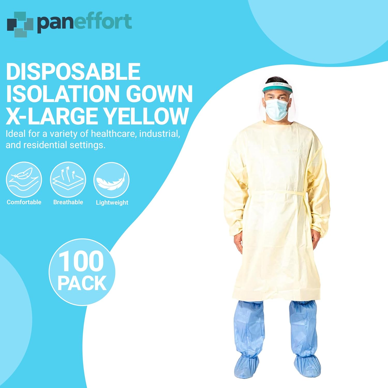 Disposable Isolation Gowns 100 Pack Yellow, Lightweight SMS Fabric, Elastic Cuffs, Hook and Loop Neck, Waist Ties, Breathable Fluid Resistant Protective Gowns for Medical, Dental, Lab Use(X-Large)