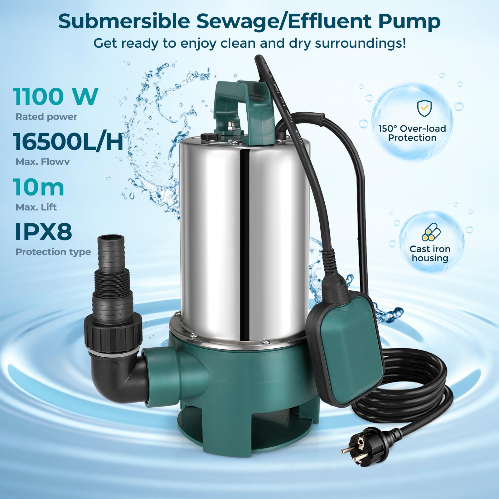Bomba Sumergible Agua Sucia 1100 W (Máx.16500L/H,Cabezal Máx. 9,5m,Partículas Suciedad: 35mm) Bomba de Agua Sucia Autocebante,con Interruptor Flotador y Asa Transporte,para Piscinas,Estanques (Verde)