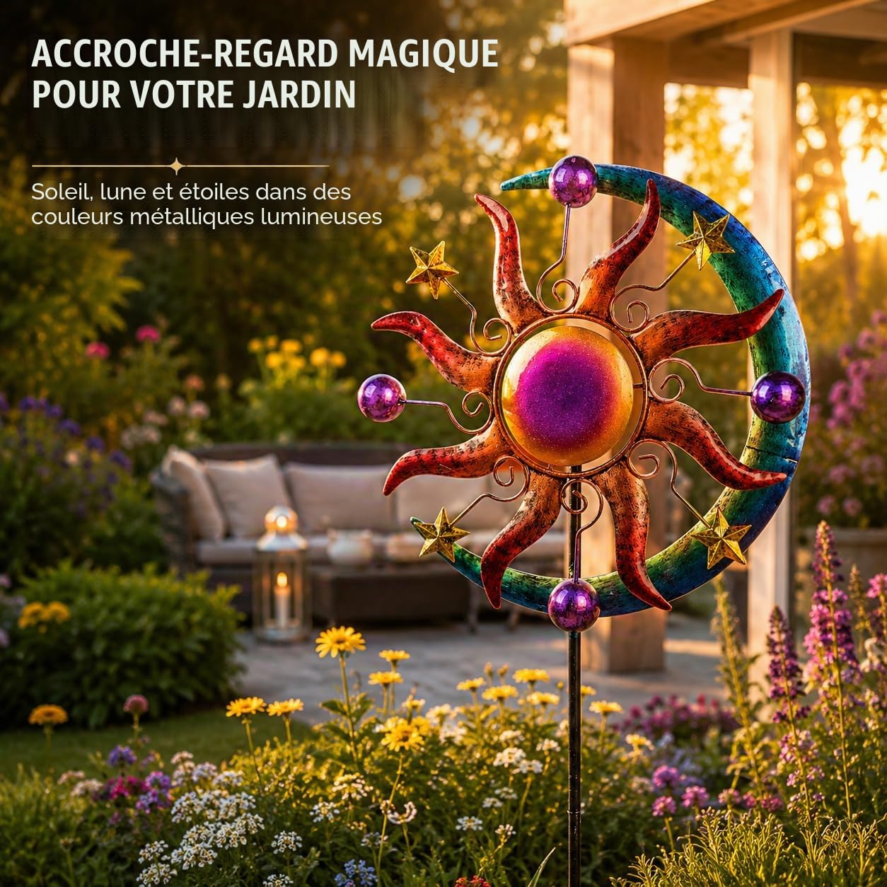 formano Moulin à vent coloré en métal pour le jardin Motif lune et étoiles 124 cm