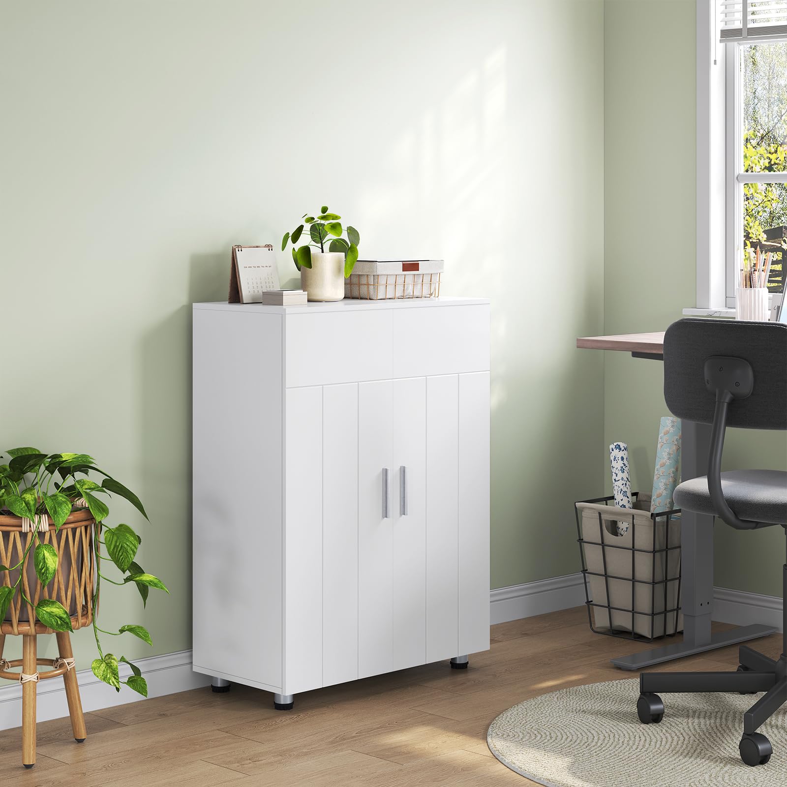 EUGAD Armario de Baño con 2 Puertas, Mueble Auxiliar con 2 Estantes, Armario Columna de Suelo para Cocina y Salón, Blanco, MDF, 60x30x82 cm