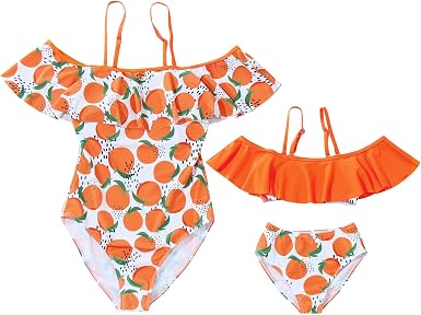 Amazon.com: Trajes de baño a juego para mamá e hija, trajes de baño  familiares, 2 piezas para niñas, lindos bikinis con estampado naranja con  volantes para mujer : Ropa, Zapatos y Joyería