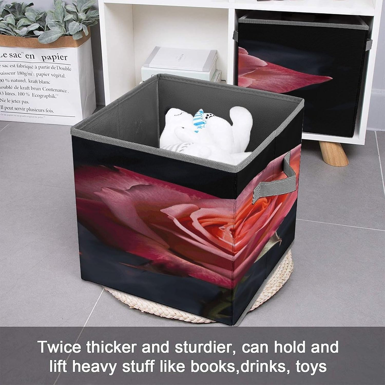 Rose4 Fabric Bins Storage Basket Square Baskets | Storage Bin with Double Handles,Cube Collapsible Organizers for Organization,Closet,Shelves,Offices