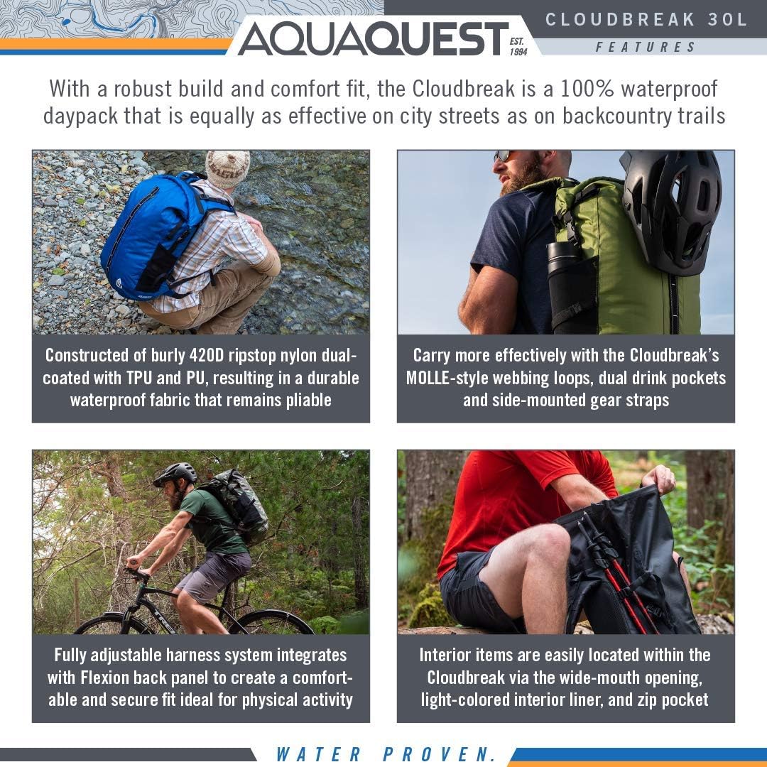 AquaQuest Cloudbreak Waterproof Backpack - Large 30L DryBag Daypack Great for Outdoors, Travel in All Weather