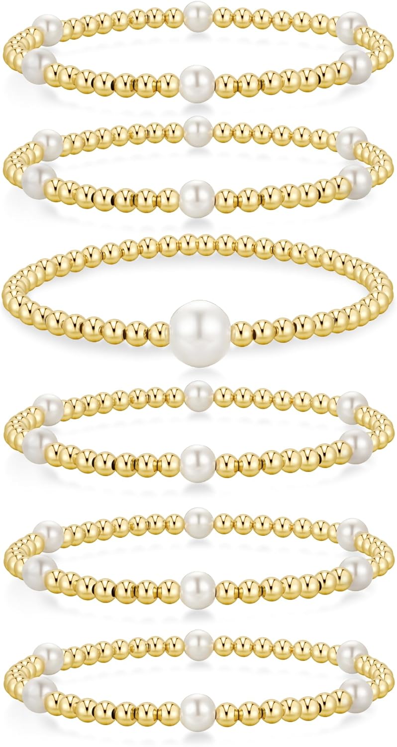 Yoosteel Gold Beaded Bracelets Set for Women Teen Girl Gifts Non Tarnish - 14K Gold Plated Dainty Round Bead Ball Pearl Cross Bracelet Stack for Women Teenage Girls Stackable Jewelry Gifts