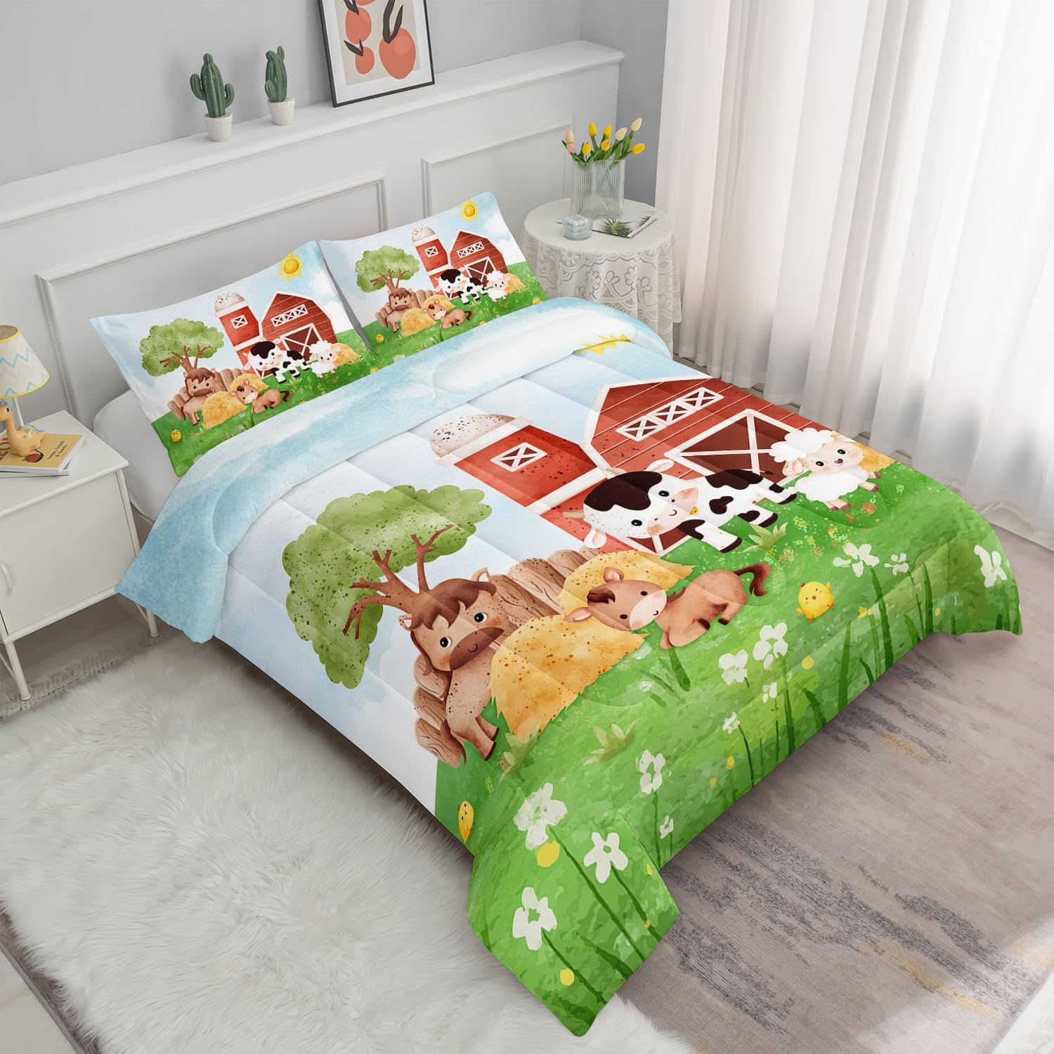 Kids Comforter Set Farm Theme Printed Pattern Bedding Set with 1 Comforter and 2 Pillowcases for Girls Boys Bedroom All Season(Farm Theme03 Queen)