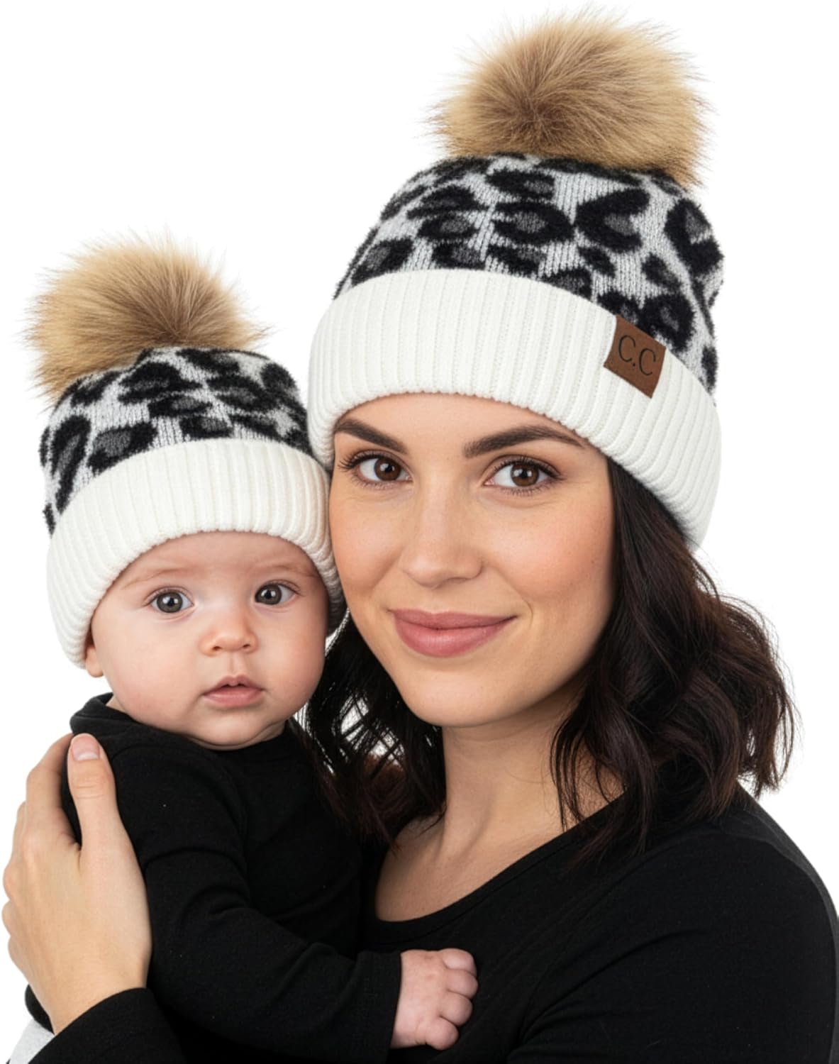 Funky Junque Mommy & Me Pom Pom Beanies Set – Infant Baby & Mom Matching Winter Outfits, Warm Newborn & Women's Beanie Hats