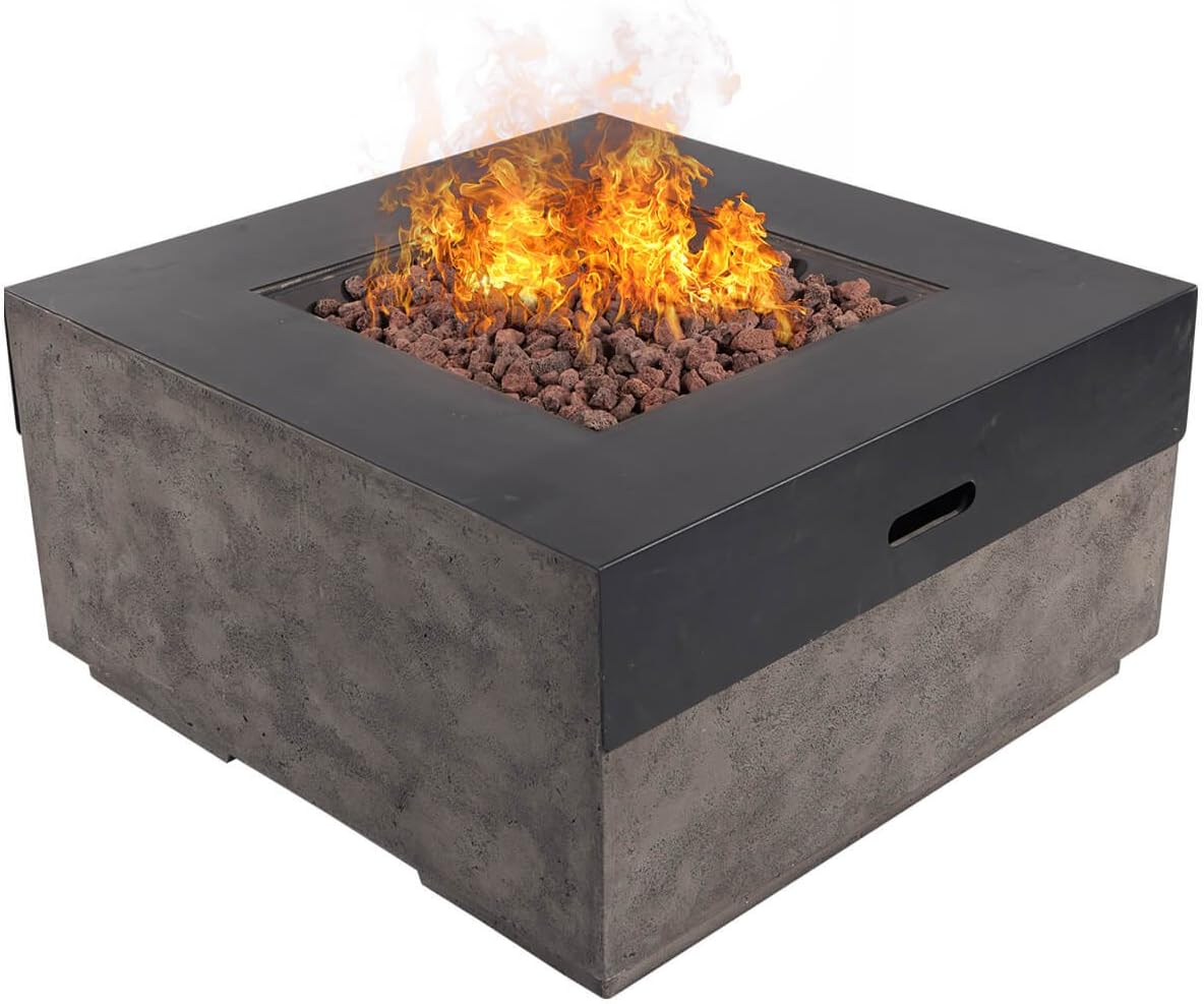 DIAN 34” Outdoor Patio Gas Fire Pit Modern Contemporary Concrete Propane Metal Countertops Gas Fire Table with Lava Rocks 50,000 BTU Auto Ignition with Safety Push Button – Glacier Ash Gray HE9996