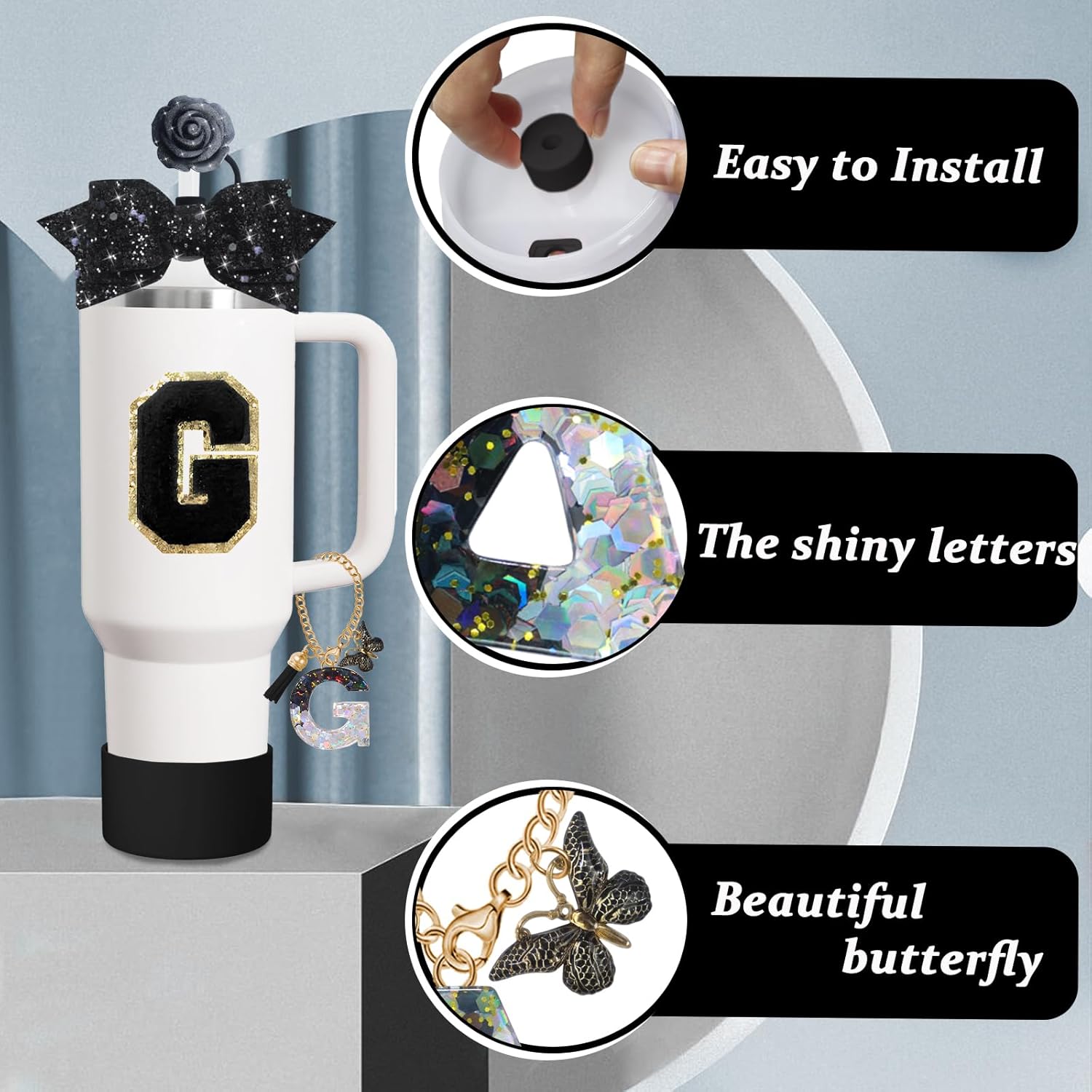 8PCS Cup Accessories Set for Stanley Cup 30oz 40oz tumbler with handle,Including Silicone Straw Topper Cover Cap and Boot,Spill Proof Stopper,Handle Charm,Initials Sticker (Black rose G) - Image 4