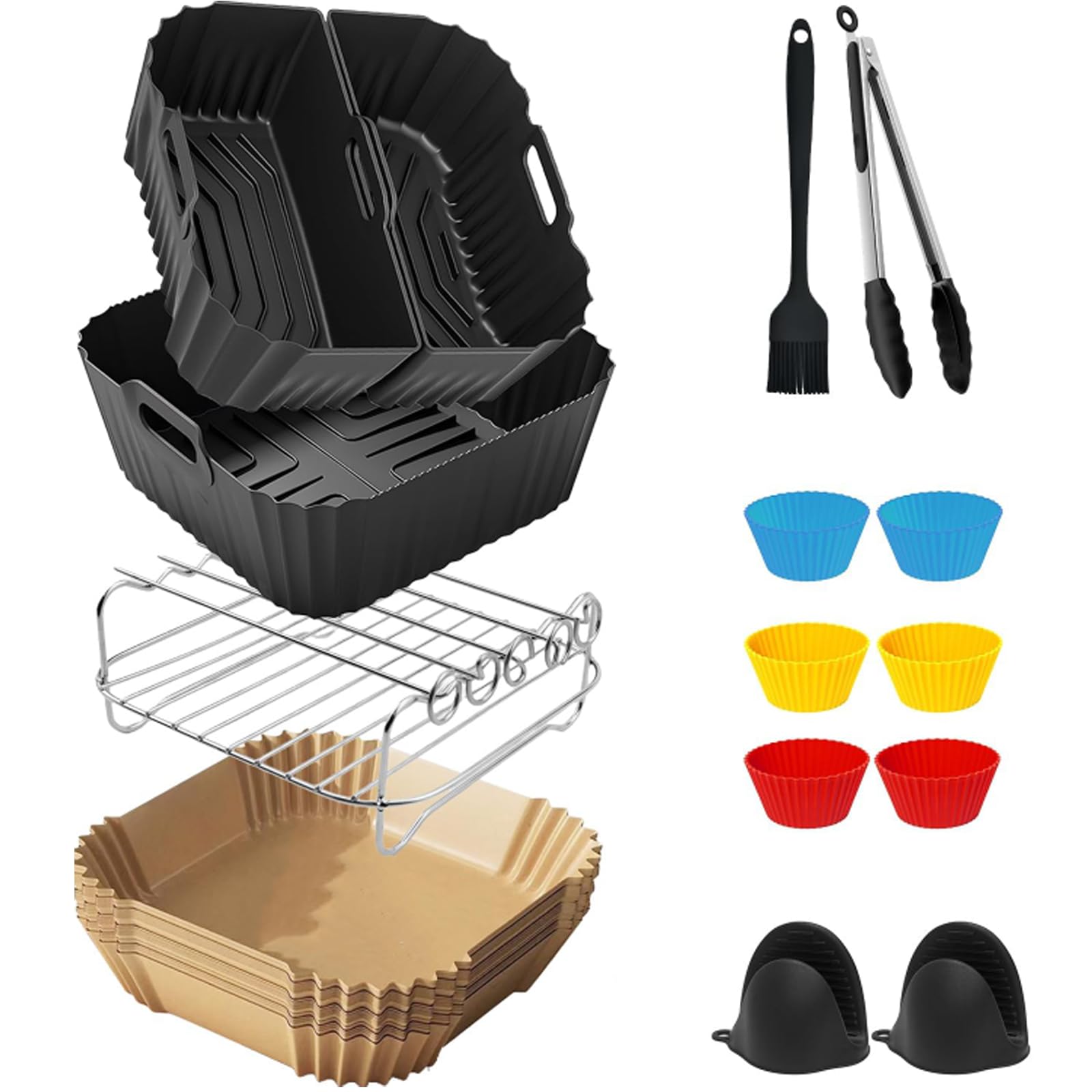 19-23cm Heißluftfritteuse Zubehör Ninja AF180EU Max Pro 6,2L COSORI 6L 6,2L | Inklusive Airfryer Silikonform Einsatz für AF140EU 4,7L, COSORI 5,5L 6L 6,2L Backpapie, Muffinförmchen, Grillrost