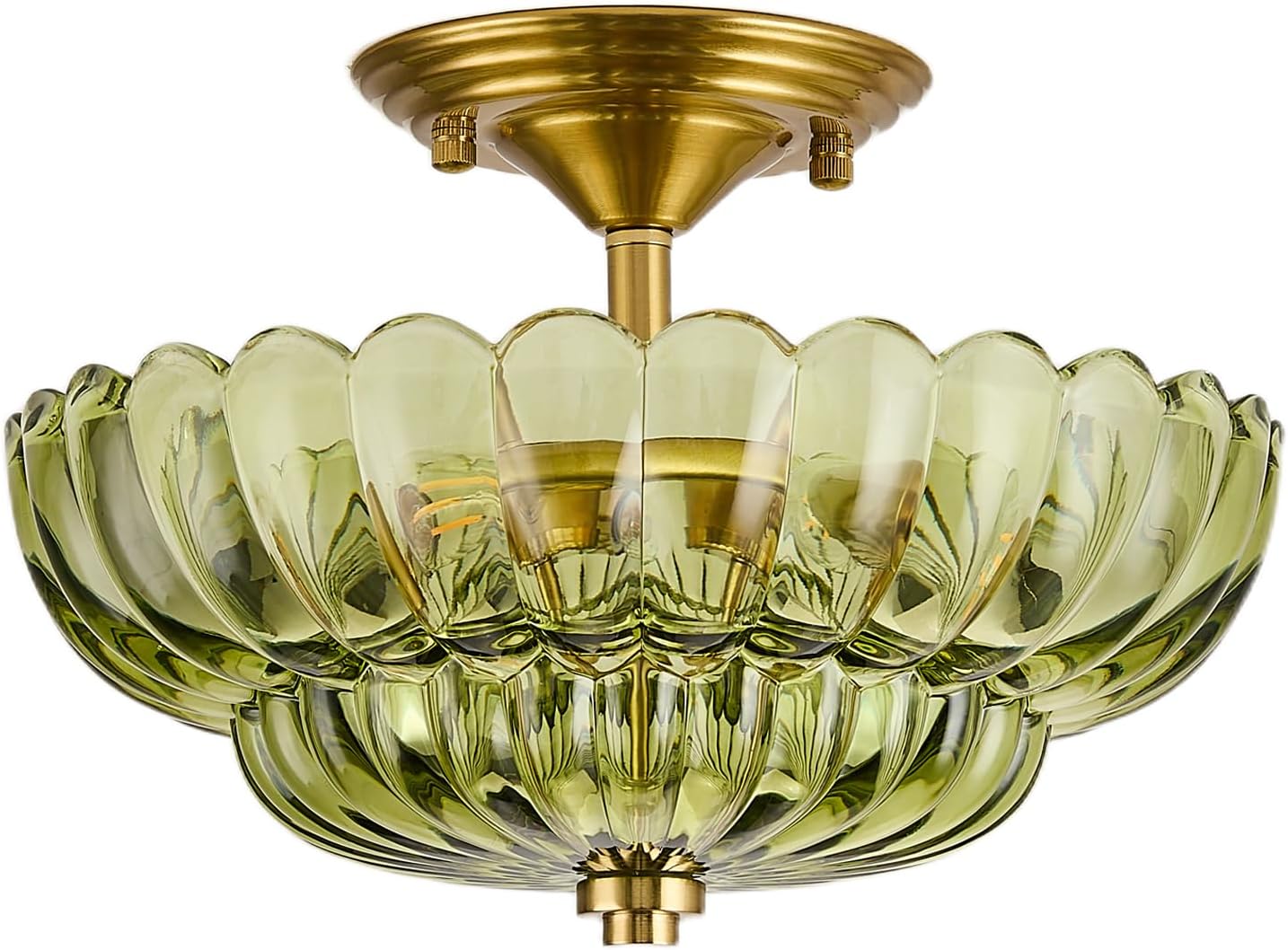 Semi Flush Mount Ceiling Light, Scalloped Green Glass Close to Ceiling Light Fixtures with 2 Lights, Gold Vintage Light fixtures for Bedroom Living Room Entryway Hallway