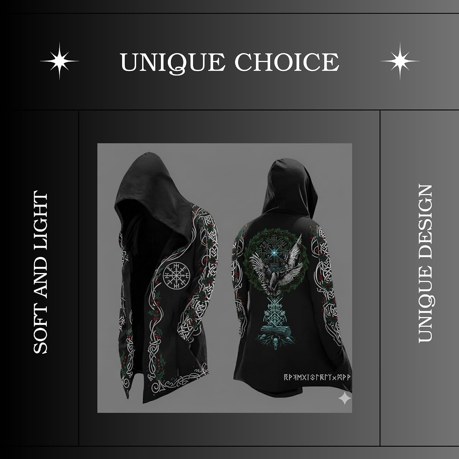 Viking Hooded Cloak, Norse Mythology Rune Hooded Cardigan Winter Jacket for Men, Yule Christmas Pagan Cosplay Clothes