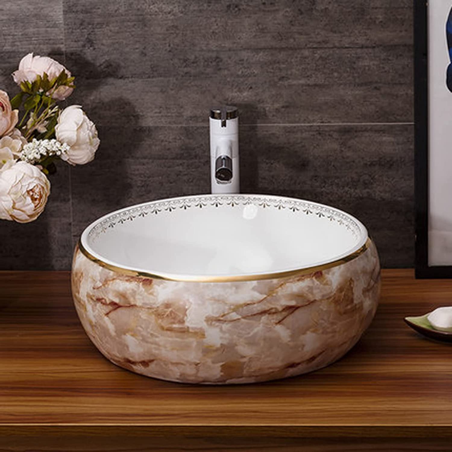 Ceramiczna Umywalka Łazienkowa, Okrągła Umywalka Łazienkowa, Umywalka Nablatowa, Umywalka Artystyczna, Umywalka Nablatowa, Wzór Marmuru, Ceramiczna Umywalka Nablatowa, 41X14 C,Singlevesselsink