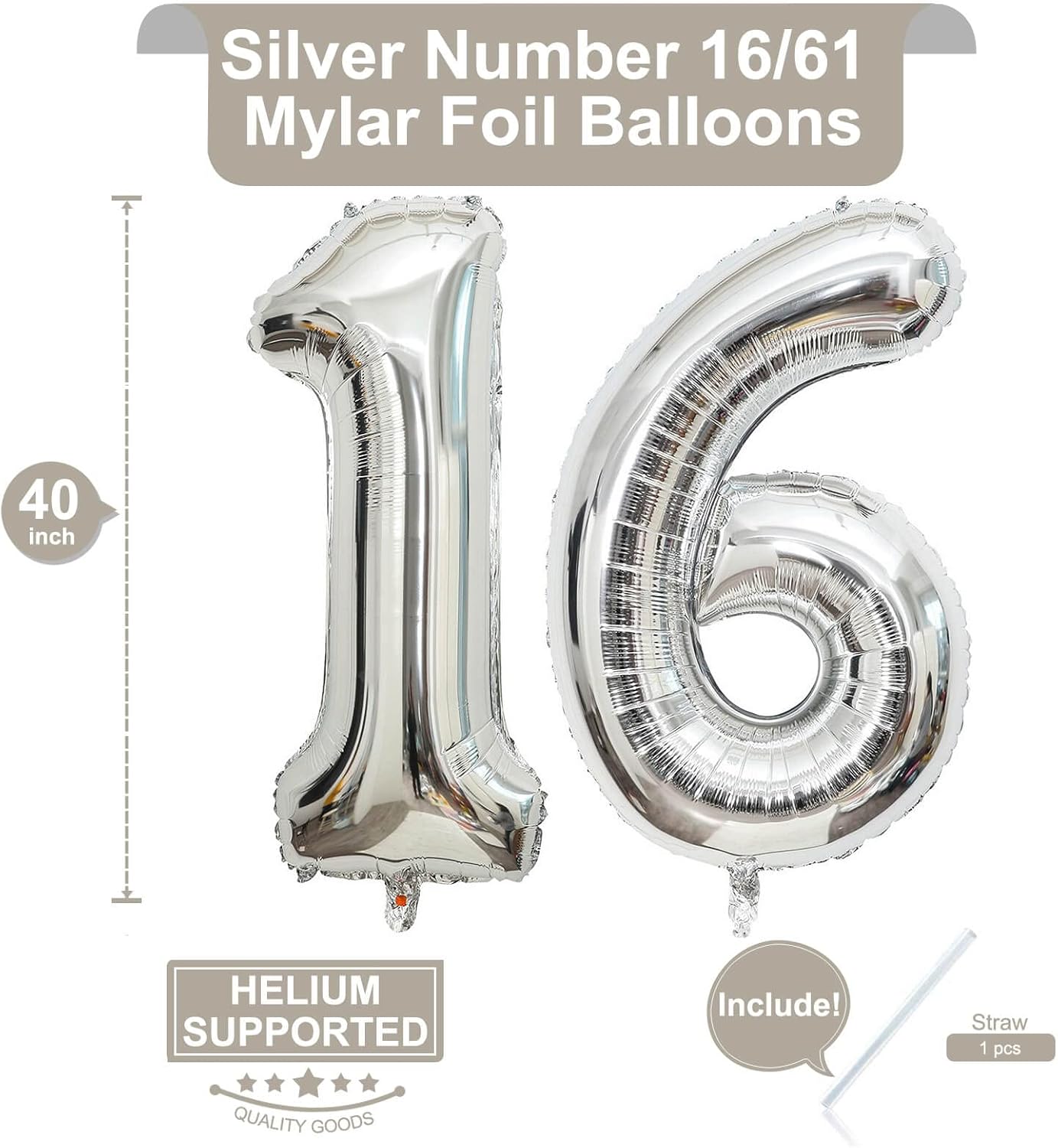 40 Inch Silver 16 Number Balloons Giant 16 or 61 Balloons Silver Birthday 16 Balloons 16th Birthday Anniversary Party Decorations Supplies - Image 2