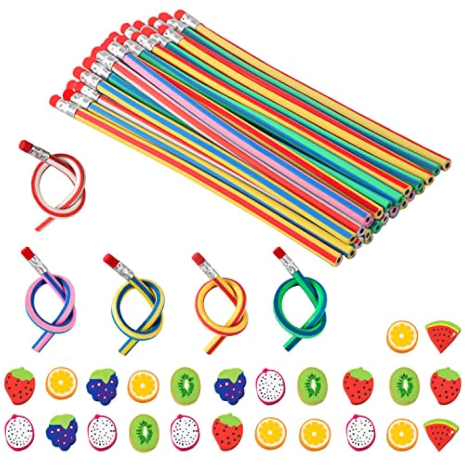 Set di 49 Pezzi Matite Flessibili e Morbide con Gomme Cancellare a Forma di Frutti Giocattoli per Bambini