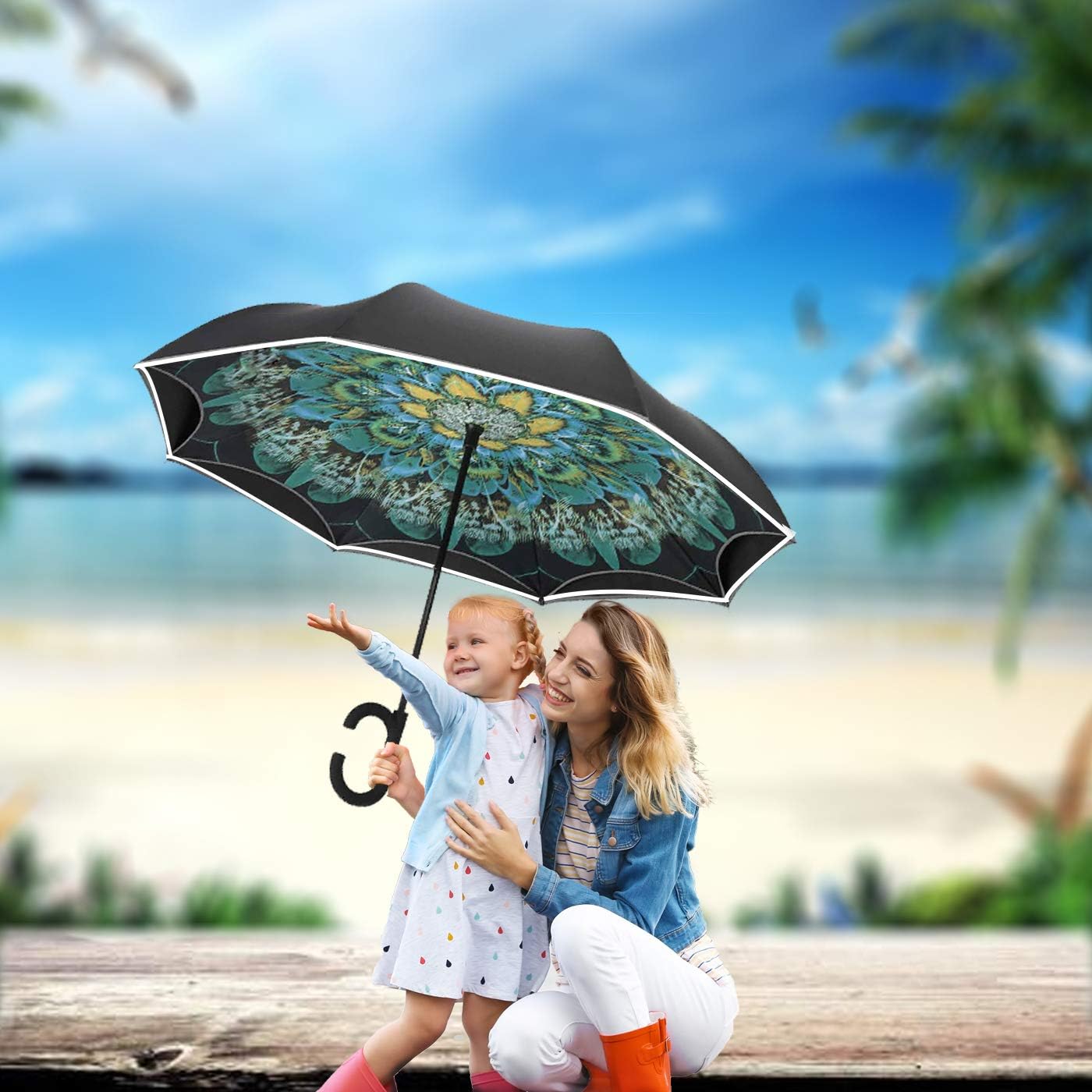SIEPASA Auto-open Reverse Umbrella, Umbrella Windproof, Inverted Umbrella, Umbrellas for Women with UV Protection, Upside Down Umbrella with Safe Reflective Stripe(Peacock)