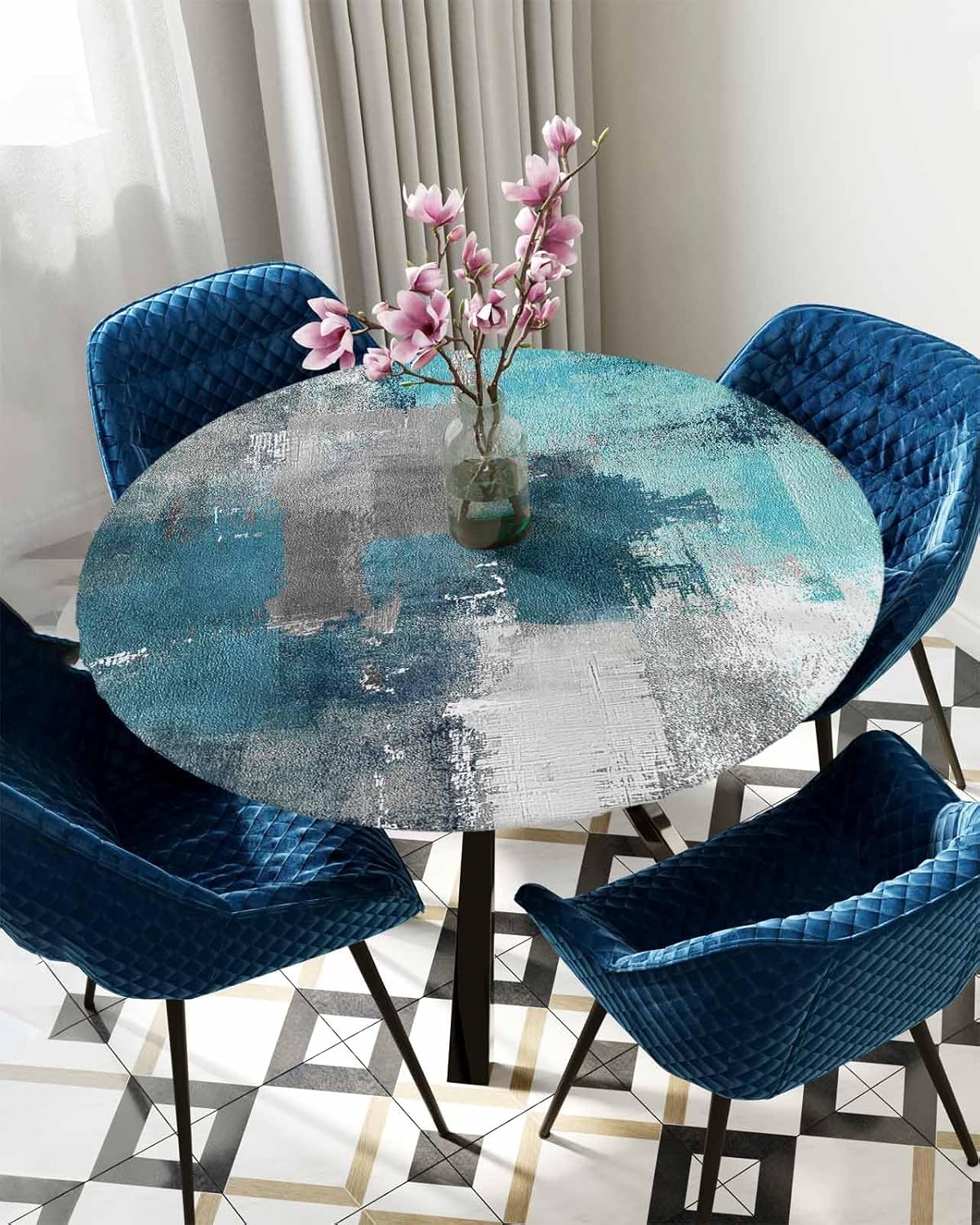 Round Fitted Tablecloth with Elastic Teal Gray Block Tablecloths Abstract Art Table Cover for Kitchen Dinner Party Picnic BBQ Garden Patio Home Decor Fits Tables up to 36"- 44" Diameter