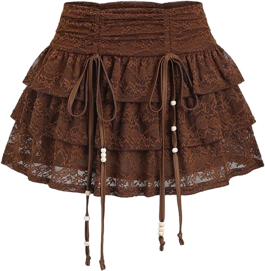 SHENHE Women's Lace Mini Skirt Layered Ruffle Beaded Boho Western Hippie Fairy Skirt