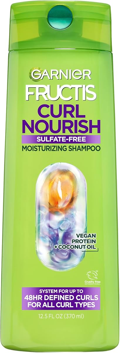 Garnier Fructis Curl Nourish Moisturizing Shampoo for Curly Hair, Plant Protein and Coconut Oil Formula, Up to 48HR of Curl Definition, Sulfate Free & Vegan, 12.5 Fl Oz (Packaging May Vary)