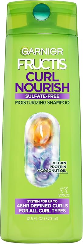 Garnier Fructis Curl Nourish Moisturizing Shampoo for Curly Hair, Plant Protein and Coconut Oil Formula, Up to 48HR of Curl Definition, Sulfate Free & Vegan, 12.5 Fl Oz (Packaging May Vary)