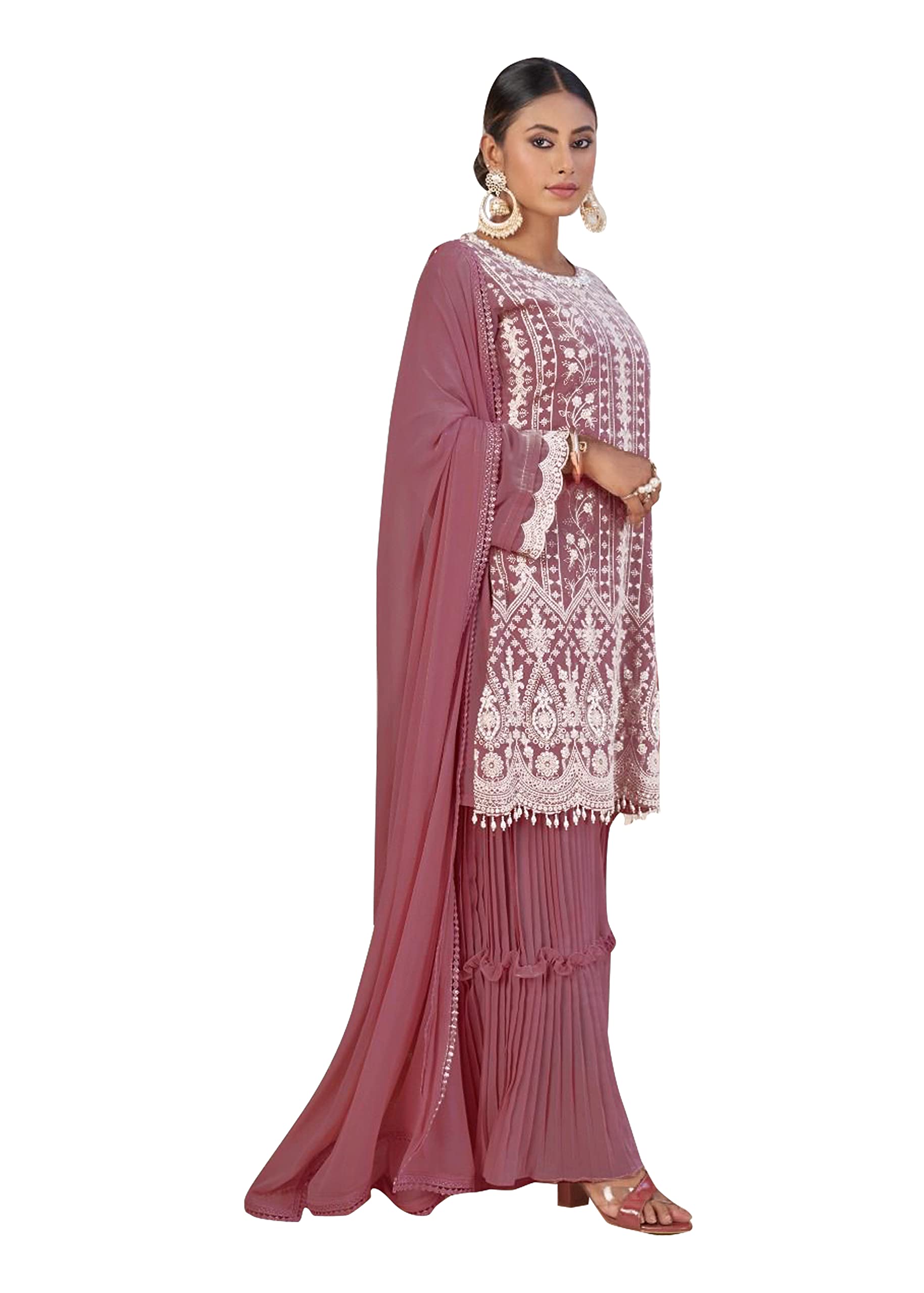 Miss Ethnik Women's Pink Faux Georgette Stitched Top With Stitched Faux Georgette Bottom and Nazmin Dupatta Full Sleeve Embroidered Straight Kurta (Kurta Palazzo Set) (ME-1101-Pink-XXL)