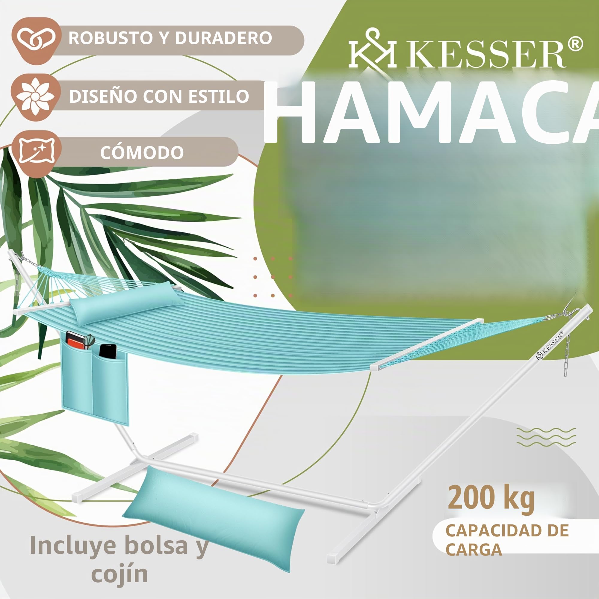 KESSER® Hamaca Hill con cojín estructural doble para 2 personas, marco estable, 200 kg, interior-exterior, XXL, gris/azul