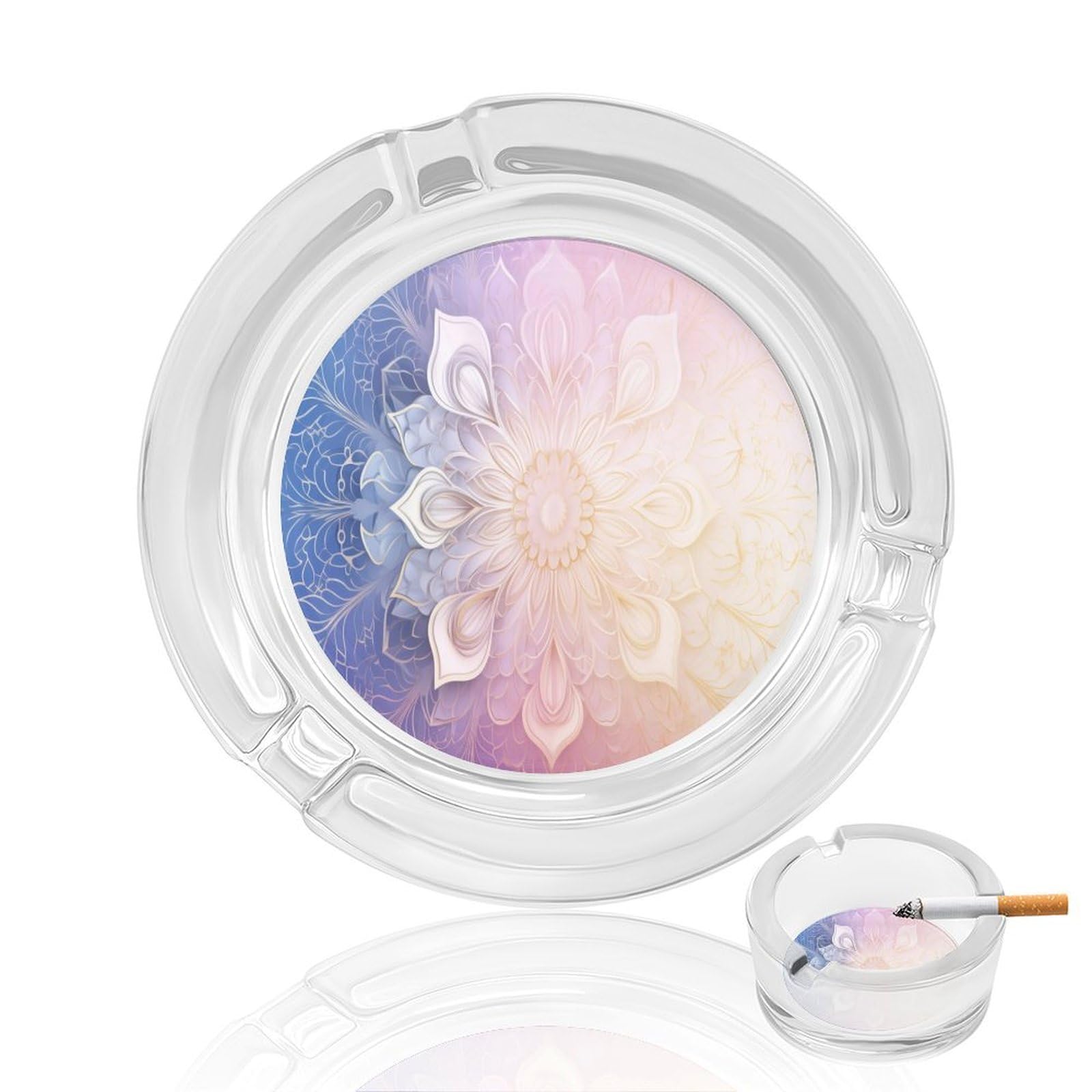 Colorful Mandala Pattern282 Glass Ashtray 3.3 Inch Round Cigarette Ash Holder with 4 Grooves for Home Office Outdoor One Size