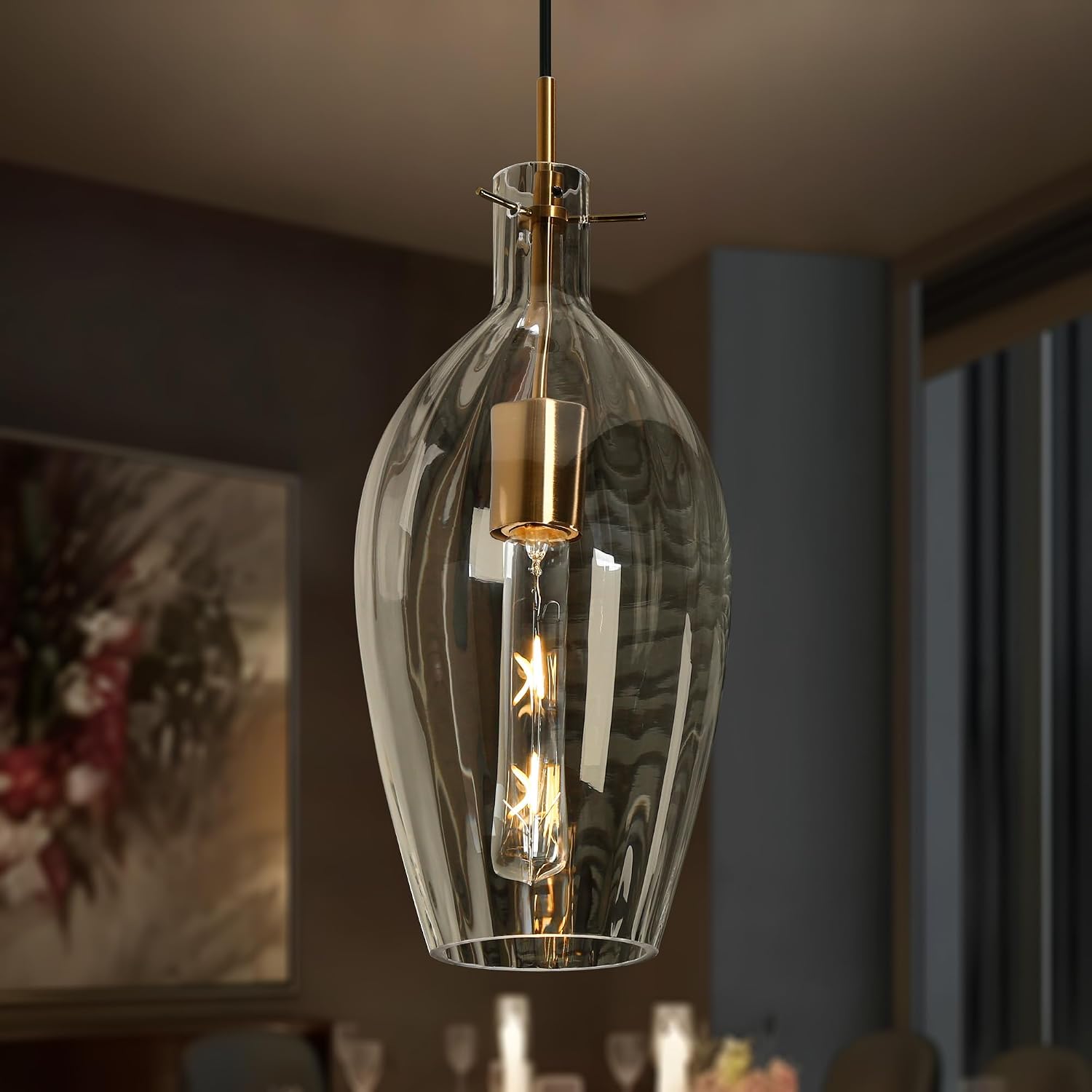 Pendant Light Fixtures, 1-Light Modern Gold Pendant Light for Kitchen Island Adjustable Hanging Lights for Hallway, Bedroom, Kitchen, Textured Glass