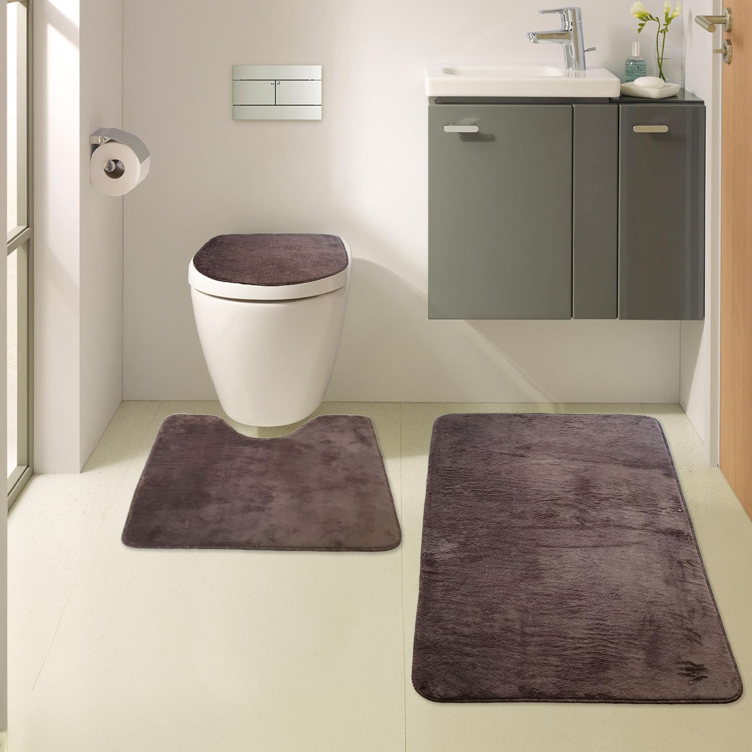 Ultrasoft Unicolor Lot de 3 tapis de bain antidérapants avec semelle en cuir Marron