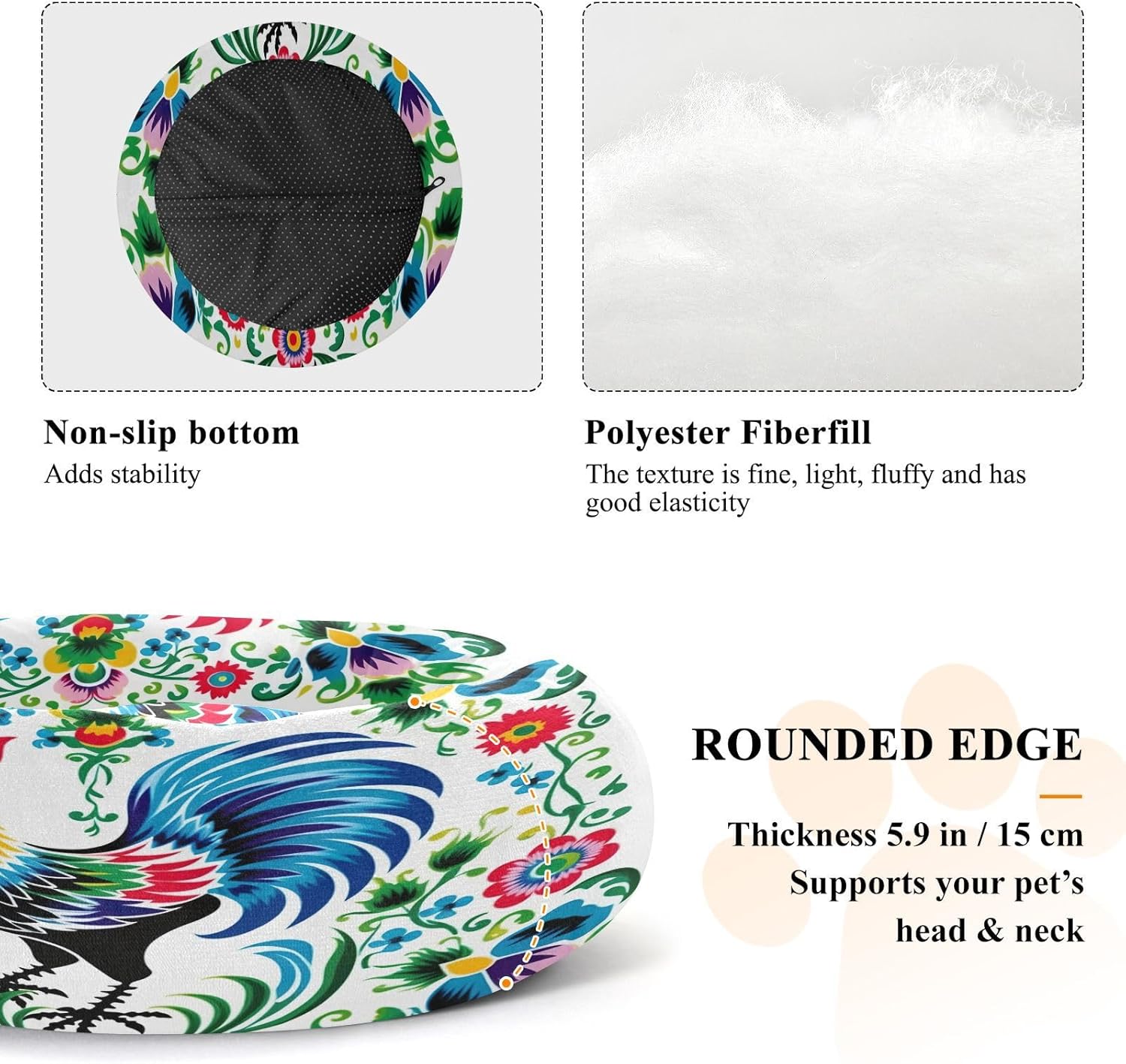 Dog Bed Ultra Soft Fluffy Comfortable Cat Bed, Floral Rooster Washable Dog Beds Anti-Slip Round Pet Beds for Medium Dogs