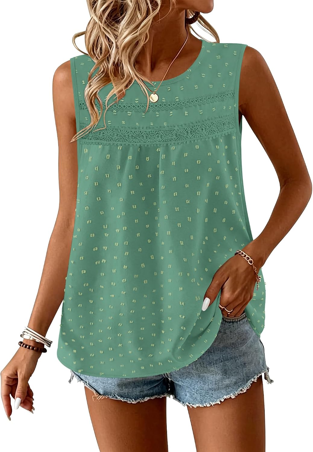 Magritta Women's Tops Sleeveless Blouses Dressy Casual Swiss Dot Smocked Shirts Spring Summer Fashion Lace Tunic Tops image 2