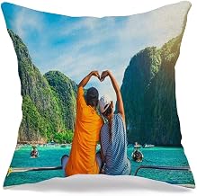 Decorative Throw Pillow Cover Thailand Happy Couple Traveler Joy Doing Heart Shape Nature Phuket People Romantic Honeymoon Place Linen Cozy Square Cushion Case for Couch Bed Living Room 20 x 20 Inch