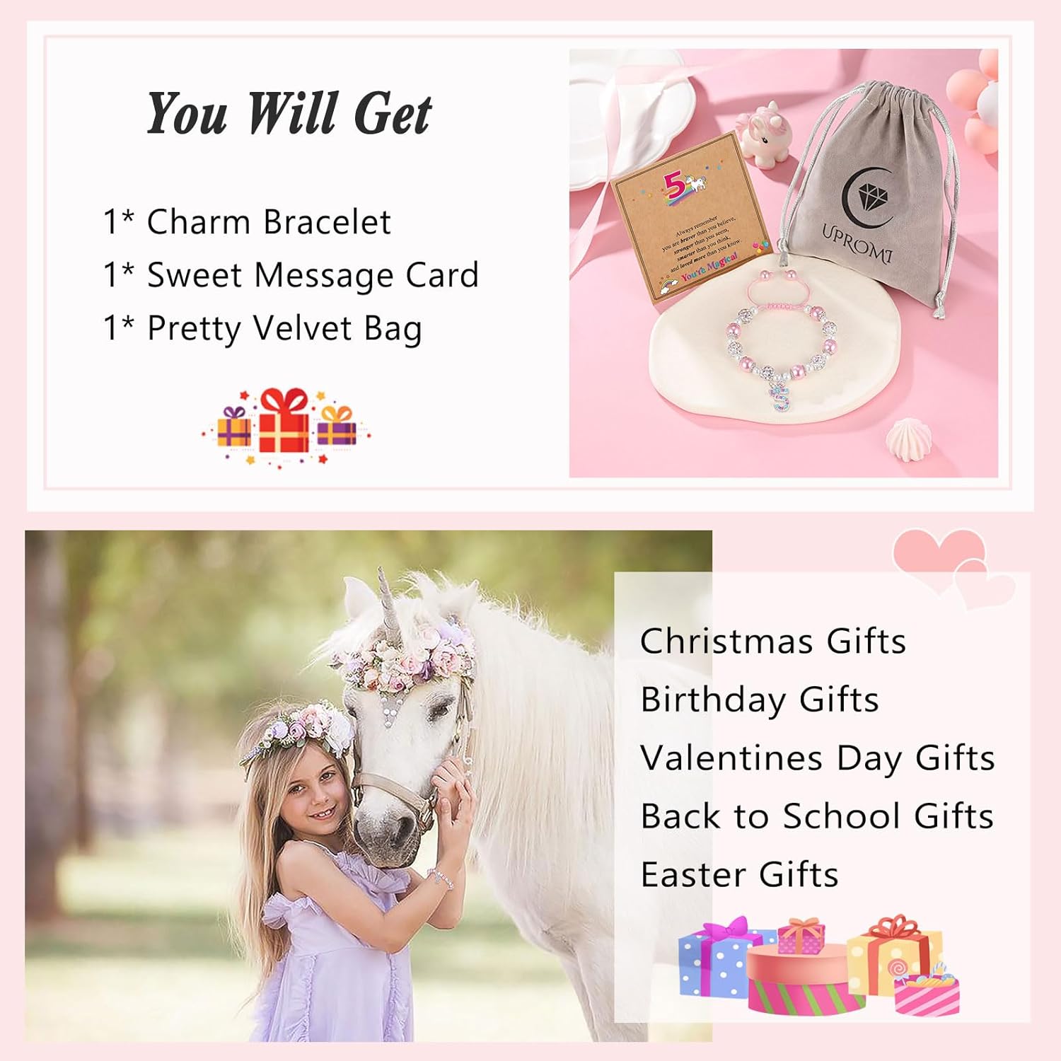 UPROMI Birthday Gifts for 3-12 Year Old Girl Unicorn Bracelet, Christmas Gifts for Daughter/Granddaughter/Niece - Image 6