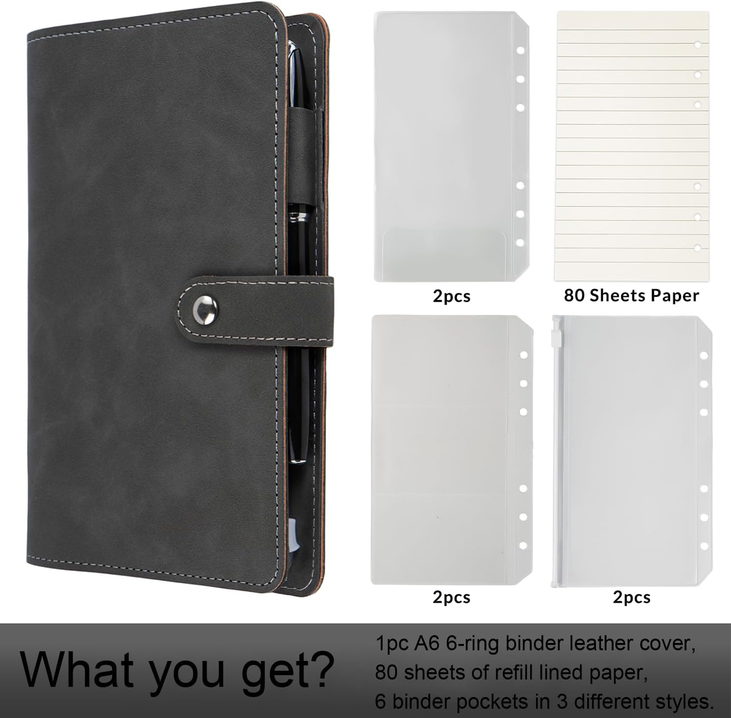 A6 Binder 6 Ring Refillable Notebook Binder for Men, Gift for Men PU Leather Planner Organizer with Metal Closure, Filler Loose Leaf Paper for School & Personal Use, Woman Man Travel Supplies, Grey - Image 3