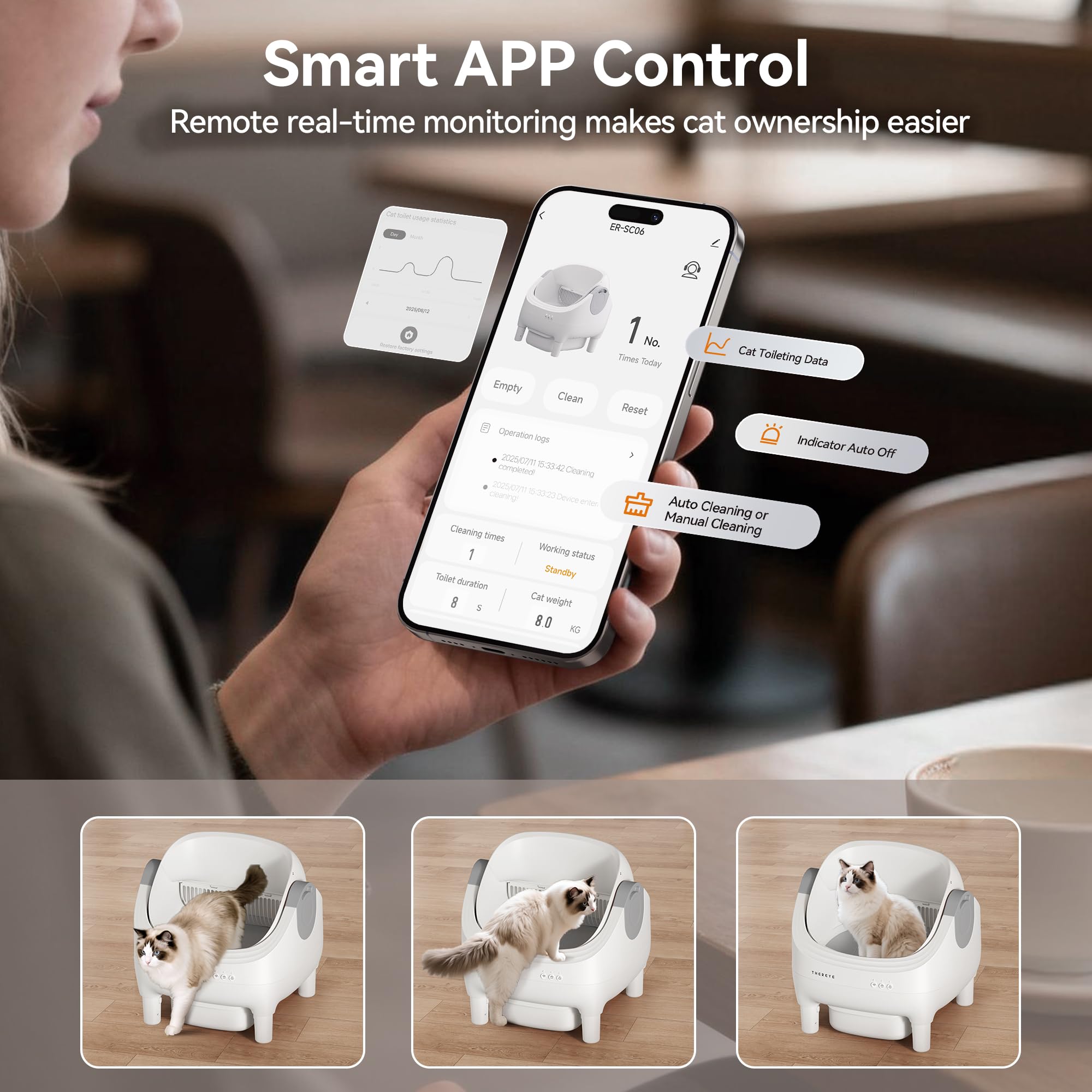 Thereye Litiere Chat Autonettoyante avec Design Ouvert, Litiere Automatique avec App/Ultra Sûr/Anti-Pincement/Anti-Odeur/Silencieux, Idéale pour Les Grands Chats, Convient pour Les Foyers de Plusieurs