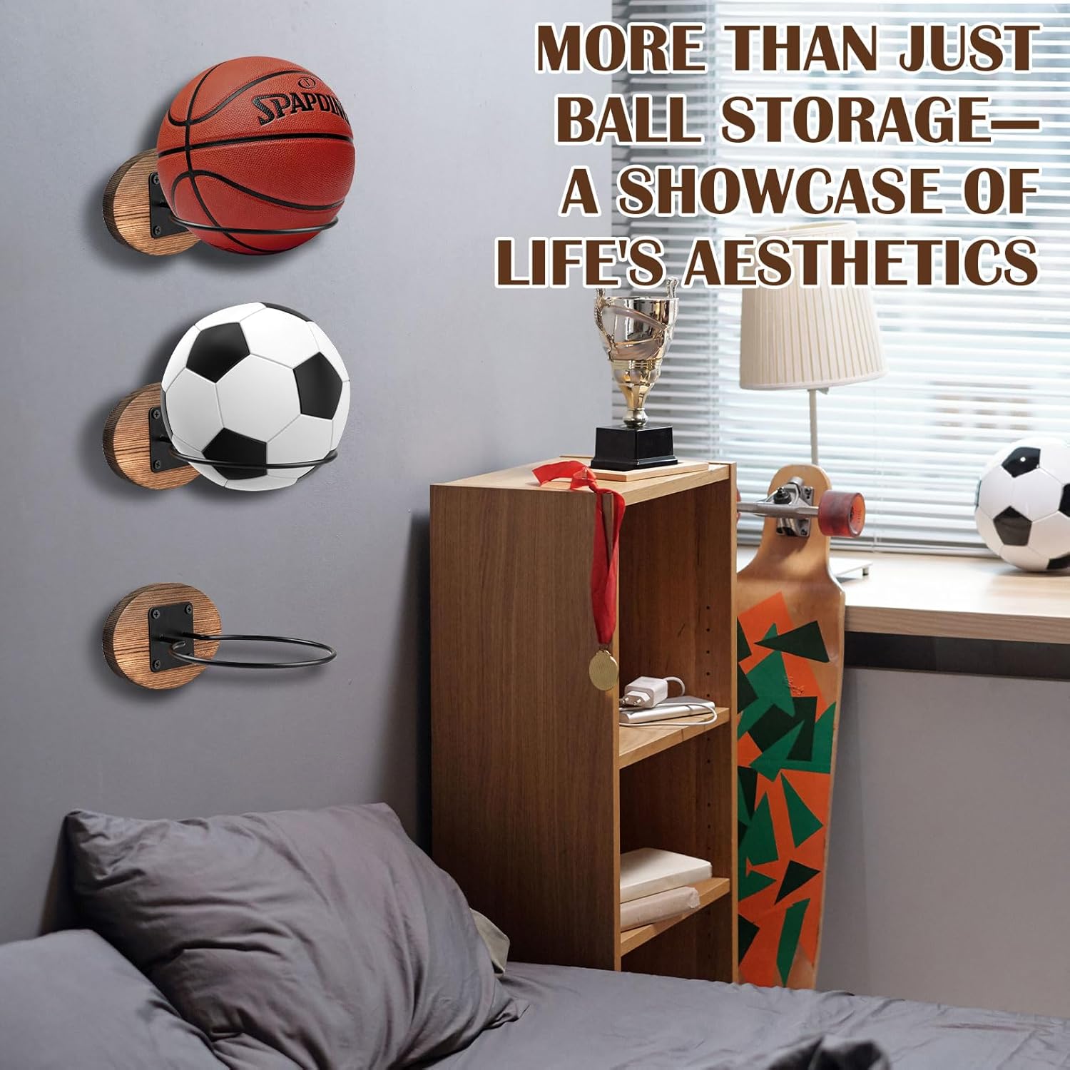 3 Pack Wood Basketball Wall Mount Holders, Universal Ball Storage Display Rack for Basketball, Soccer, Football, Volleyball, Rugby, Black Metal Ball Holder - Sports Room Decor, Boys Room Accessories
