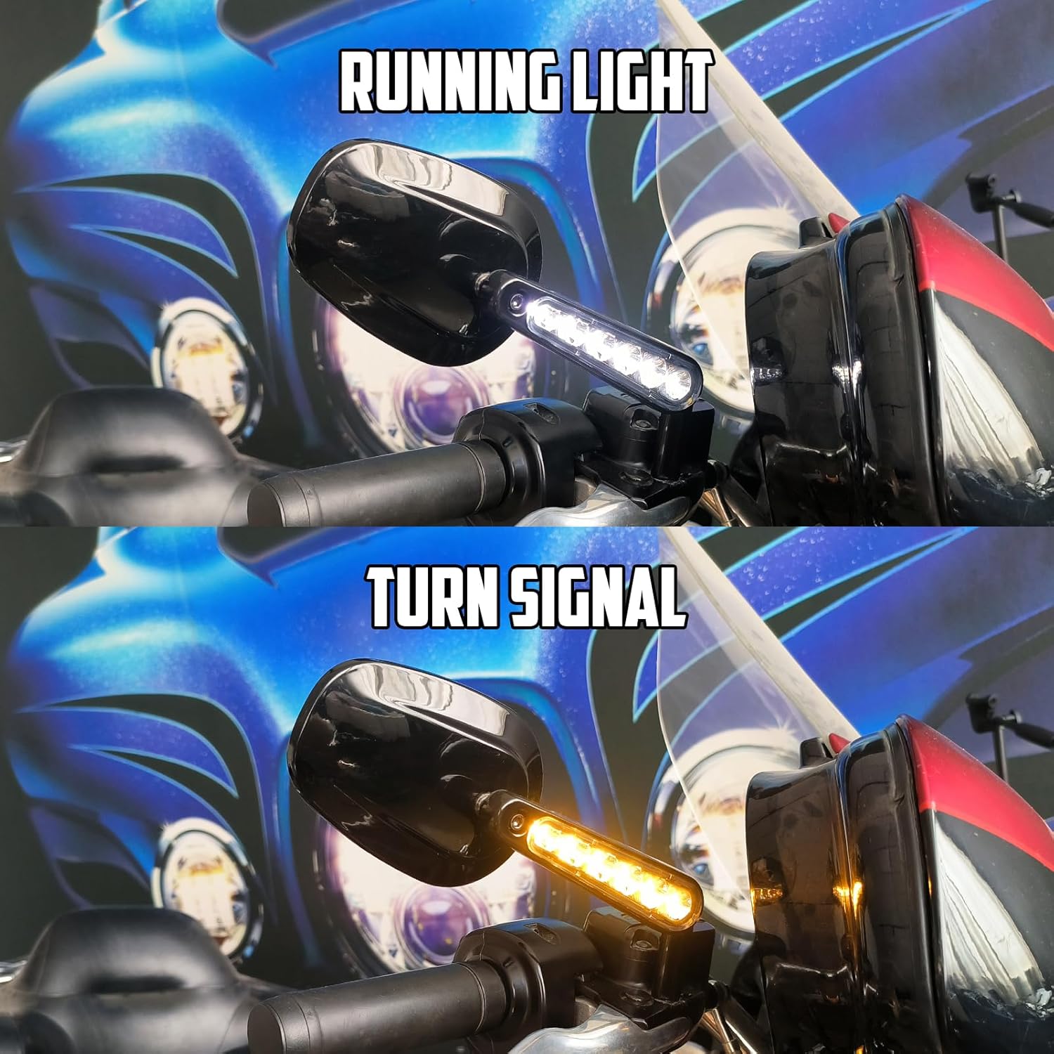 HDBUBALUS Motorcycle Rear View Mirrors LED Turn Signals Running Light Fit for Harley Touring Sportster XL Dyna Softail V-Rod VRSCF Gloss Black Clear Lens (3 wires)