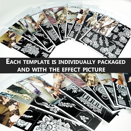 Miniatura 6 de PPVWEY 10 hojas de plantillas de tatuaje de henna, 10 pares de plantillas de tatuaje de henna de mano de brazo, plantillas de tatuaje de aerógrafo