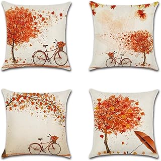 Artscope Thanksgiving Day Housse De Coussin, Lot de 4 L'automne Coton et Lin Décoratif Taie d'oreiller Canapé Voiture Maison Décor Housses de Coussin 45 x 45 cm (Érable Arbre avec Vélo)