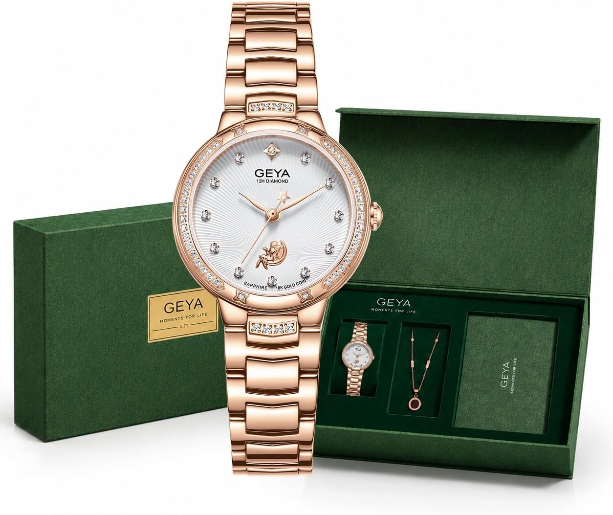GeYa Rose Gold Watches for Women Genuine Diamond 18K Gold Elegant Ladies Watch Small Wrist Luxury Jewelry Gifts Set 316L Stainless Steel Bracelet Water Resistant Goddess